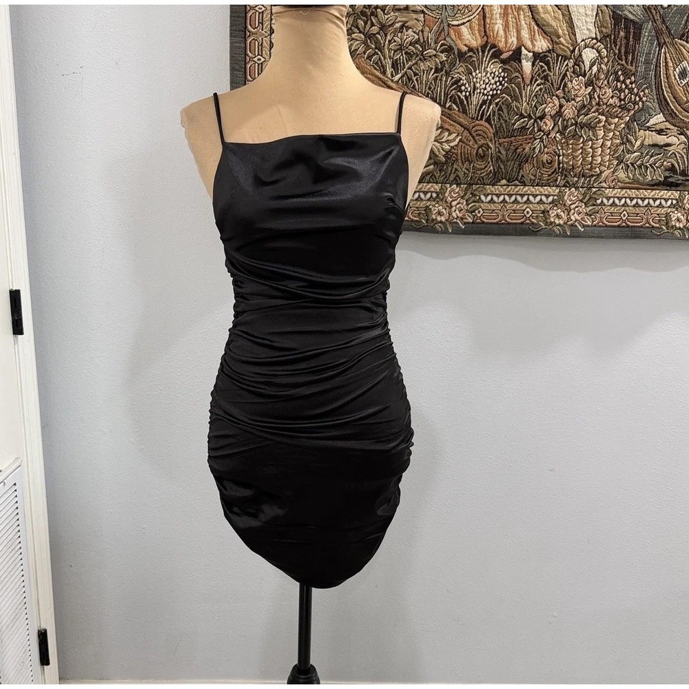 Better Be Dress Womens Small Black Satin Ruched Bodycon‎ Mini Cocktail Party